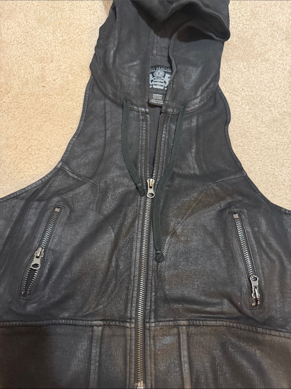 Women’s Black Hooded Leather Zip Vest